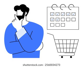 A person thinking with a shopping cart and checklist calendar. Ideal for planning, productivity, decision-making, organization, and business. Minimalist, clean vector style