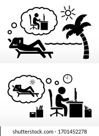 A Person Thinking of Work and Deadlines While on Leave and Taking a Vacation on the Beach and a Person Working Thinking of going on a Holiday Travel and Relax under the Sun