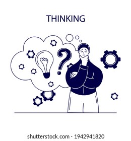 The person thinks. Question mark and ideas. Vector illustration.
