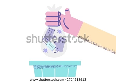 Person throw away facemask and gloves in garbage. Man or woman outthrow facial mask in trash bin show end of covid-19 pandemic. Corona virus epidemics over. Flat vector illustration.