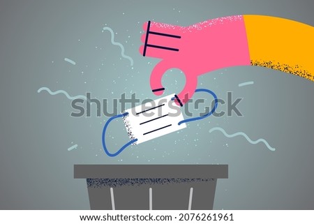 Person throw away facemask in trash bin wish coronavirus pandemic be over. Man outthrow facial mask in garbage. Covid-19 epidemics end, healthcare problem concept. Flat vector illustration.
