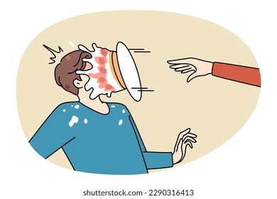 Person throw pie in man face make fun of friend or colleague. Greeting or congratulation with happy birthday prank or joke. Laughter and smile concept. Flat vector illustration.