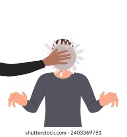 Person throw pie in man face make fun of friend or colleague. Greeting or congratulation with happy birthday prank or joke. Laughter and smile concept. Flat vector illustration isolated on white