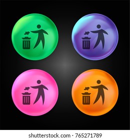 Person throwing paper to a trash can crystal ball design icon in green - blue - pink and orange.