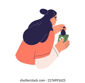 Person throwing trash bag into green-colored container for organic rubbish, food scraps, wastes. Eco-friendly woman and garbage dumpster. Flat vector illustration isolated on white background