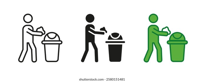 Person throwing trash in bin icon. Stick figure disposing waste into a trash can vector illustration. Keep clean and maintain hygiene concept. Proper garbage disposal pictogram.