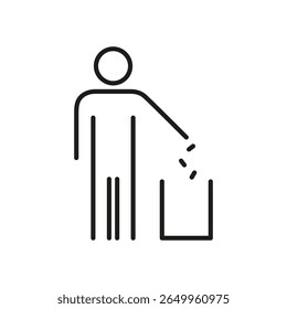Person Throwing Trash In Bin Line Icon. Waste Disposal And Environmental Responsibility Outline Symbol. Cleanliness And Recycling Sign. Editable Stroke. Isolated Vector Illustration.
