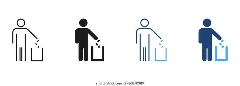 Person Throwing Trash In Bin Line And Solid Icon Set. Waste Disposal, Environmental Responsibility, And Cleanliness Outline And Silhouette Symbol Collection. Isolated Vector Illustration.