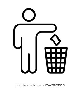Persona arrojando basura en el icono de contorno de la papelera. Trazo editable.