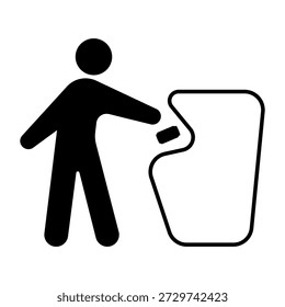 Persona que tira la basura en la ilustración gráfica monocromática del icono de la papelera
