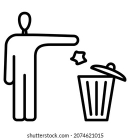A person throws garbage into a basket. Garbage collection rules. Don't litter! Vector icon, outline, isolated.  Editable stroke.