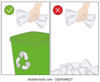 a person throws garbage into the trash can and past. concept of purity. vector illustration.