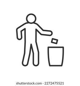 Person throws trash in trash garbage can, linear icon. Line with editable stroke