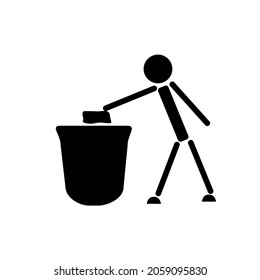 A person throws trash in a trashcan. Schematic black and white illustration.