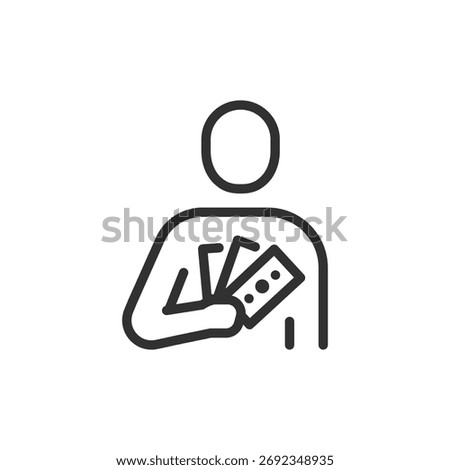 Person with tickets, linear icon. Event admission and leisure concept. Line with editable stroke.