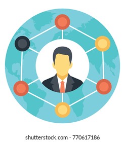 
A person with tie showing businessman concept with networks depicting business network, flat icon design
