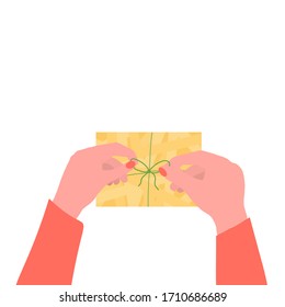 Person ties or unties green ribbon on a gift. Hand with gift. Trendy vector hand drawn, doodle illustration.