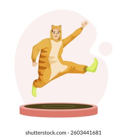 Person in tiger costume jumping on trampoline. Vector illustration
