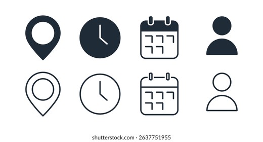 Person, time, date, location, place of event. Set of vector linear icons illustrations isolated on white background.