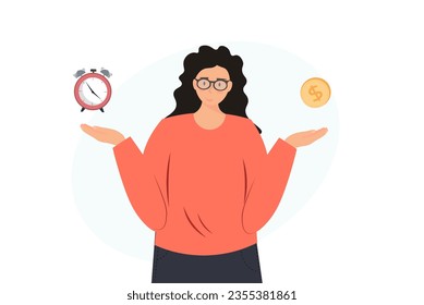 Persona con temporizador y dinero, el tiempo es concepto de dinero, ilustración vectorial plana
