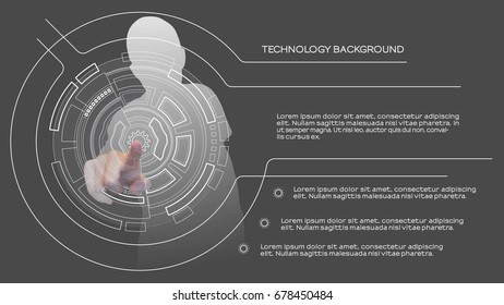 Person touch hud interface. Futuristic technology design for business presentation. Innovation tech background. Touchscreen Interface. White screen artificial design concept. Infographic