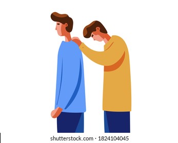  Person touching his friend shoulder showing compassion and showing condolence. Two male friends. Illustration isolated on a white background. Vector.
