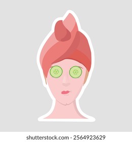 Person with Towel and Cucumber Slices on Eyes Vector Illustration Sticker. Fun vector sticker of a person relaxing with a towel and cucumber slices. Great for spa designs