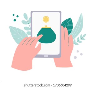 Person tracking his money savings on phone. Money spending tracker. Budget planner application. Income planning on a smartphone. Purse with a coin on a device screen. Hands using device.