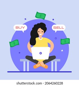 Person trading online, flat illustration with editable facility 