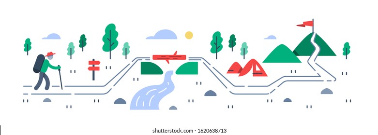 Person trail walking, mountain ascent, summer camping and hiking, outdoor trekking, nature tourism, wild adventure, vector flat illustration