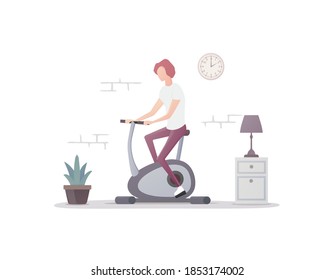 A person trains on an exercise bike. Concept Flat vector illustration. Losing weight. Fitness cardio training at home. Isolated on white background.