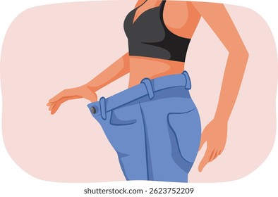 
Person Transformed by Diet Tries on Old Pants Vector Illustration. Woman undergoing body transformation through diet and fitness 