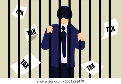 Persona atrapada detrás de la barra debido a los impuestos, documentos fiscales cayendo ilustración