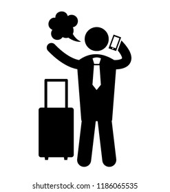 A person with the travel bag calling from mobile phone and talking, phoning passenger 
