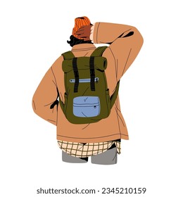 Viaje en persona con mochila unisex en ropa de invierno, aspecto moderno de viaje. Gente con camping, bolso de senderismo. Turista caminando con un sombrero brillante, vista trasera. Ilustración vectorial aislada plana sobre fondo blanco