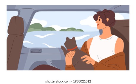 Person traveling with cat by car, looking outside window at sea landscape. Tourist with animal at summer holiday trip to seaside. Colored flat vector illustration of happy woman and pet in auto.
