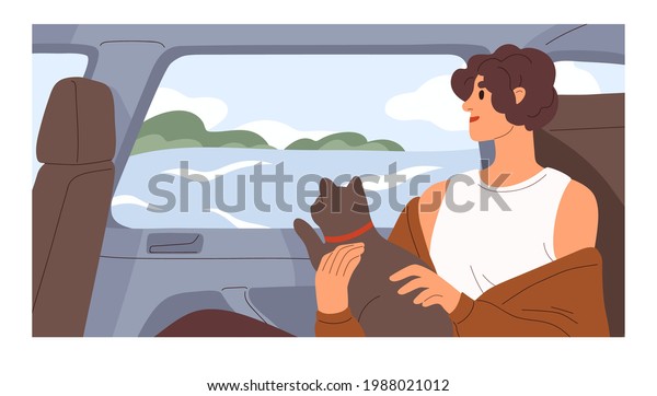 Person traveling with cat by car, looking outside\
window at sea landscape. Tourist with animal at summer holiday trip\
to seaside. Colored flat vector illustration of happy woman and pet\
in auto.