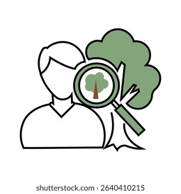Person tree icon. Nature study symbol. Green lens design. White background.
