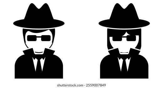 person in Trench Coat and Hat, spy agent or detective, criminal hacker icon profile in two gender for job profession vector