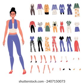 Person  in trendy flat style. Creation options and character composition. Set of clothes. Different emotions and gestures. Background. Isolated. Poses. Dress and pants. Woman. Body part. Hippie