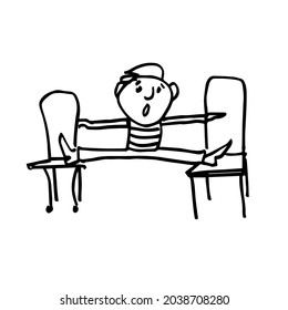 A Person Tries To Sit On Two Chairs At The Same Time. A Hand-drawn Character. A Sketch. Vector Illustration