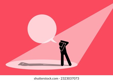 Person trying to avoid limelight and covering his eyes from glaring spotlight. Vector illustration  depicts concept of infamous, reject fame, shy away from public interest, and unwanted attention.