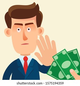 Person trying give a bribe to civil servant. Clerk refuses to take money. Government сorruption, bribery in business. Vector illustration, flat design cartoon style. Isolated background.