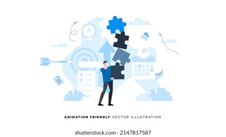 A person is trying to hold a stack of puzzles in his hands, balancing like a tightrope walker. Animation ready duik friendly vector Illustration. Conceptual business story. Puzzle connection.