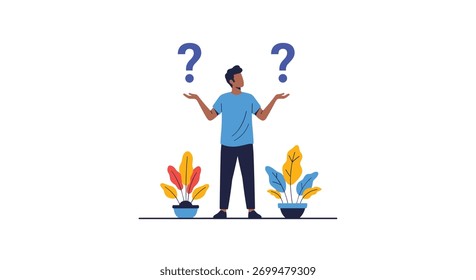 Uma pessoa está tentando tomar uma decisão entre duas opções com pontos de interrogação acima.