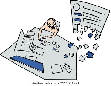 The person trying to put together a project. The project creation process as a puzzle. Web and app design concept.