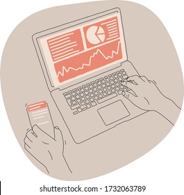 Person trying to work at home during quarantine but there is an alert on the phone of something important. Text banner on the screen. Cartoon style simple line art vector illustration