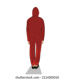 Person turned around, dressed in red with a hood.