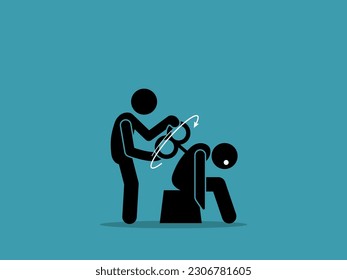 A person turning a wind up toy key crank on a tired man back. Vector illustrations clip art depicts concept of power up, booster, tired, idle, stimulus, and recharge energy.