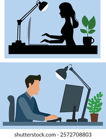  a Person Typing at a Desk with Lamp, Coffee, and Plant